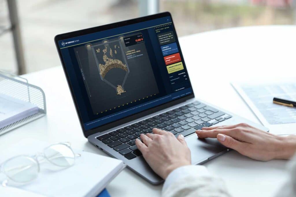 Frau probiert den Silo-Blockade-Simulator der NT Service GmbH aus
